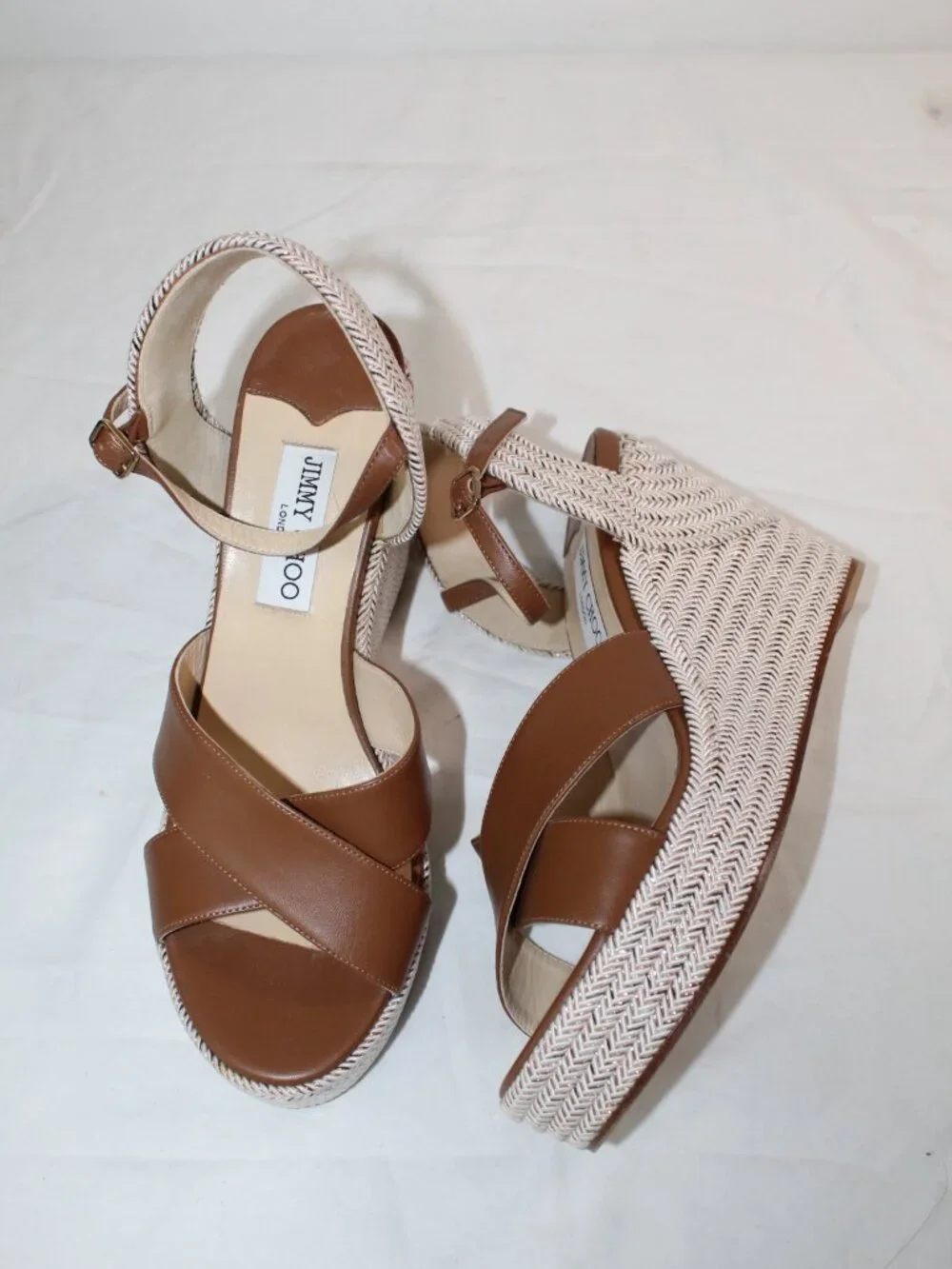 Jimmy Choo Raffia Espadrille Wedge Brown Leather Dellena 100 Sandals 40